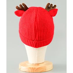 Babyhug Woollen Cap With Reindeer Design - Red