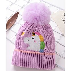 Babyhug Pom Pom Woolen Cap Unicorn Design - Purple
