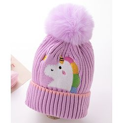 Babyhug Pom Pom Woolen Cap Unicorn Design - Purple