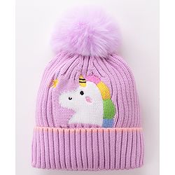 Babyhug Pom Pom Woolen Cap Unicorn Design - Purple