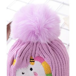 Babyhug Pom Pom Woolen Cap Unicorn Design - Purple