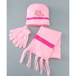 Babyhug Woollen Floral Design Caps & Gloves Set With Muffler - Pink