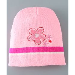 Babyhug Woollen Floral Design Caps & Gloves Set With Muffler - Pink