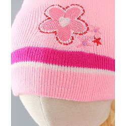 Babyhug Woollen Floral Design Caps & Gloves Set With Muffler - Pink