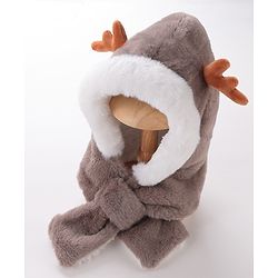 Babyhug Woollen Cap Reindeer Design - Grey