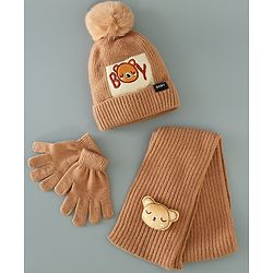 Babyhug Woolen Cap Gloves & Muffler Set - Brown