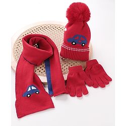 Babyhug Woolen Cap Gloves & Muffler Set - Red