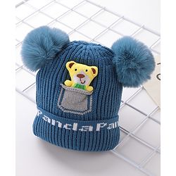Babyhug Woollen Pom Pom Cap Bear Applique Small Size - Blue