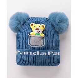 Babyhug Woollen Pom Pom Cap Bear Applique Small Size - Blue