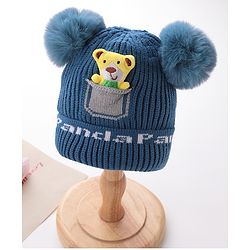 Babyhug Woollen Pom Pom Cap Bear Applique Small Size - Blue