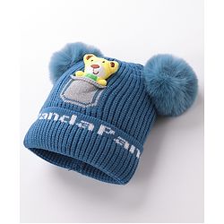 Babyhug Woollen Pom Pom Cap Bear Applique Small Size - Blue