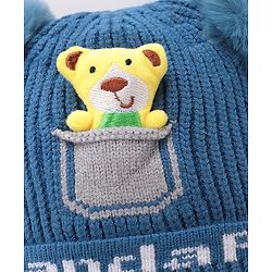 Babyhug Woollen Pom Pom Cap Bear Applique Small Size - Blue