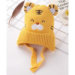 Babyhug Tiger Design Woollen Cap with Knot Medium Size - Yellow
