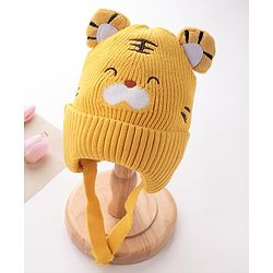 Babyhug Tiger Design Woollen Cap with Knot Medium Size - Yellow