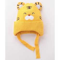 Babyhug Tiger Design Woollen Cap with Knot Medium Size - Yellow
