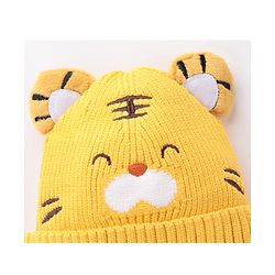 Babyhug Tiger Design Woollen Cap with Knot Medium Size - Yellow