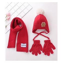 Babyhug Pom Pom Woolen Cap Muffler & Gloves Set Teddy Design - Red