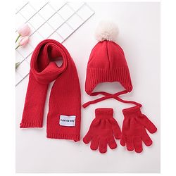 Babyhug Pom Pom Woolen Cap Muffler & Gloves Set Teddy Design - Red