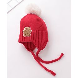 Babyhug Pom Pom Woolen Cap Muffler & Gloves Set Teddy Design - Red