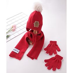 Babyhug Pom Pom Woolen Cap Muffler & Gloves Set Teddy Design - Red
