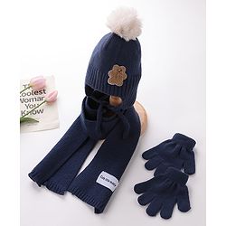 Babyhug Pom Pom Woolen Cap Muffler & Gloves Set Teddy Design - Red