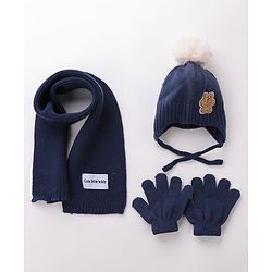 Babyhug Pom Pom Woolen Cap Muffler & Gloves Set Teddy Design - Red