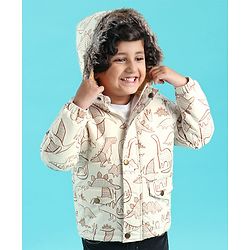 Babyhug Woven Full Sleeves Hoodie Dino Print - Beige