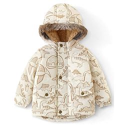 Babyhug Woven Full Sleeves Hoodie Dino Print - Beige