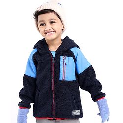 Babyhug Woven Full Sleeves Jacket with Hood Solid Colour - Navy Blue