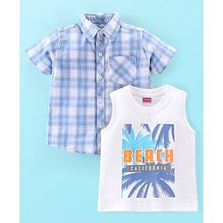 Babyhug 100% Cotton Woven Half Sleeves Checked Shirt with Text Print T-Shirt - Blue