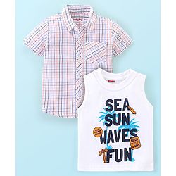 Babyhug 100% Cotton Half Sleeves Checked Shirt with Text Print T-Shirt - White