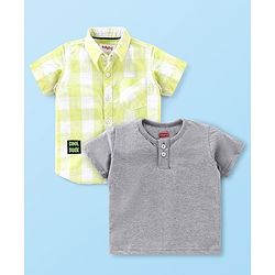 Babyhug Cotton Woven Half Sleeve Regular Collar One Pocket Checked Shirt with Solid Colour T-Shirt - Yellow