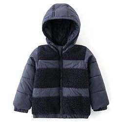 Babyhug Woven Full Sleeves Hooded Jacket with Fur Detailing - Navy