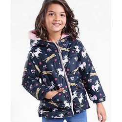 Babyhug Full Sleeves Hooded Fashion Winter Jacket Tiger Print - Blue