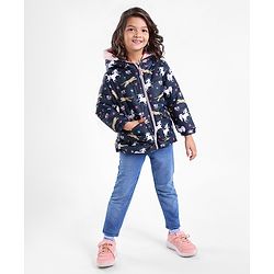 Babyhug Full Sleeves Hooded Fashion Winter Jacket Tiger Print - Blue