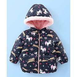 Babyhug Full Sleeves Hooded Fashion Winter Jacket Tiger Print - Blue