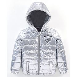 Babyhug Full Sleeves Woven Quilted Hoodie Landscape Patch - Silver