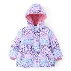 Babyhug Full Sleeves Woven Hoodie Leopard Print - Purple Blue & White