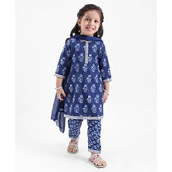 Babyhug 100% Cotton Woven Three Fourth Sleeves Kurti & Palazzo Set with Dupatta Floral Print - Indigo