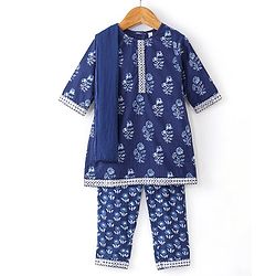 Babyhug 100% Cotton Woven Three Fourth Sleeves Kurti & Palazzo Set with Dupatta Floral Print - Indigo
