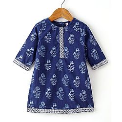 Babyhug 100% Cotton Woven Three Fourth Sleeves Kurti & Palazzo Set with Dupatta Floral Print - Indigo
