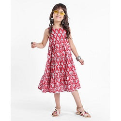 Babyhug 100% Cotton Sleeveless Frock Floral Print - Rust Red