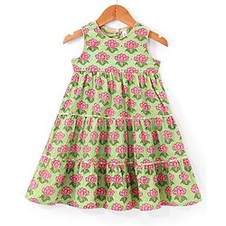 Babyhug Cotton Woven Floral Printed Sleeveless Ethnic Dress with Sequence Highlighted Yoke - Green