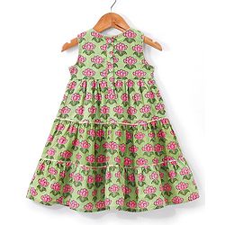 Babyhug Cotton Woven Floral Printed Sleeveless Ethnic Dress with Sequence Highlighted Yoke - Green