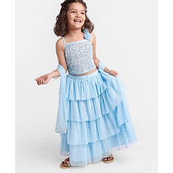 Babyhug Sleeveless Woven Sequenced Choli With Glitter Net Tiered Lehenga With Dupatta  - Aqua