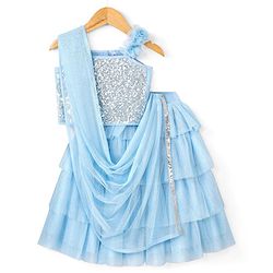 Babyhug Sleeveless Woven Sequenced Choli With Glitter Net Tiered Lehenga With Dupatta  - Aqua