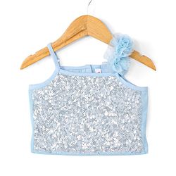 Babyhug Sleeveless Woven Sequenced Choli With Glitter Net Tiered Lehenga With Dupatta  - Aqua