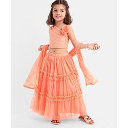 Babyhug Sleeveless Woven Sequenced Choli With Glitter Net Tiered Lehenga - Coral
