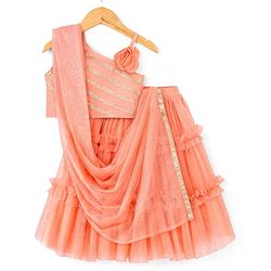 Babyhug Sleeveless Woven Sequenced Choli With Glitter Net Tiered Lehenga - Coral
