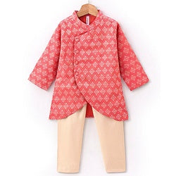 Babyhug Brocade Woven Full Sleeves Kurta & Pajama Set Argyle Design - Peach